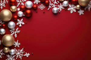 Kerstmis achtergrond met kerstballen en sneeuwvlokken Aan rood achtergrond. kopiëren ruimte. ai generatief foto