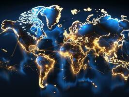 kaart van de wereld met gloeiend lijnen Aan donker achtergrond. 3d weergave. ai generatief foto