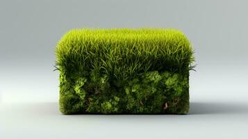 3d renderen van groen gras kubus in grijs achtergrond met kopiëren ruimte. ai generatief foto