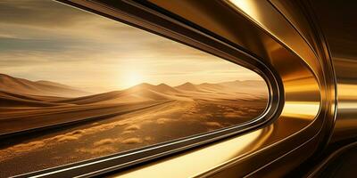 beweging vervagen van een trein in beweging door de zand duinen Bij zonsondergang. ai generatief foto