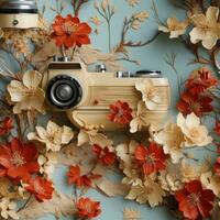 retro camera met bloemen en bladeren Aan de achtergrond. 3d illustratie. ai generatief foto