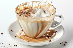 kop van koffie, chocola melk, karamel met melk plons Aan wit achtergrond, detailopname. ai generatief foto
