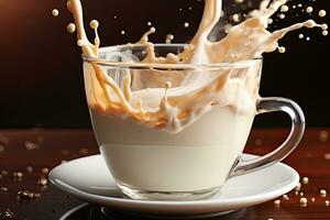 kop van koffie, chocola melk, karamel met melk plons Aan donker achtergrond, detailopname. ai generatief foto