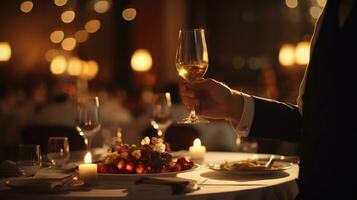 Mens Holding een glas van wijn Aan een romantisch avondeten in een restaurant. ai generatief foto