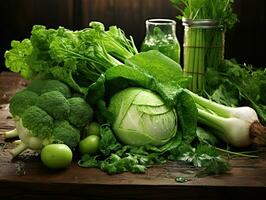 samenstelling met vers groen groenten Aan houten tafel met water druppels. gezond voedsel. ai generatief foto