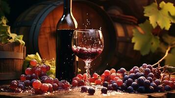 rood wijn glas en druiven Aan een vat foto