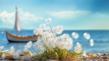 wit paardebloemen Aan de strand met een boot in de achtergrond. pluizig paardebloem bloem Aan de strand met blauw lucht en wit wolken. foto