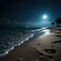 mooi nacht visie, landschap met sterrenhemel lucht, zee en zand strand. maanlicht over- de zee met palm bomen Aan de strand Bij nacht. foto