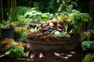 tuinieren gereedschap en vers biologisch groenten in potten in de tuin. tuinieren en aanplant concept. foto