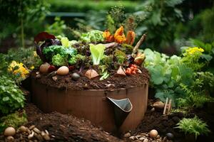 tuinieren gereedschap en vers biologisch groenten in potten in de tuin. tuinieren en aanplant concept. foto