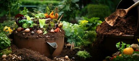 tuinieren gereedschap en vers biologisch groenten in potten in de tuin. tuinieren en aanplant concept. foto