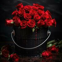 boeket van rood rozen in metaal emmer Aan zwart achtergrond. ai gegenereerd foto