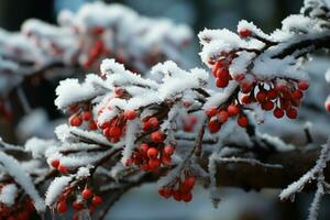 met sneeuw bedekt lijsterbes bessen Aan een boom Afdeling in winter. winter landschap. mooi winter achtergrond. ai gegenereerd foto