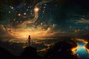 fantasie landschap met een meisje in een wit jurk tegen de achtergrond van de nacht lucht. fantasie beeld van een vrouw staand Aan de rand van een klif en op zoek Bij de nacht lucht. ai gegenereerd foto