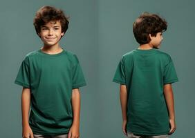 voorkant en terug keer bekeken van een weinig jongen vervelend een groen t-shirt. ai gegenereerd foto