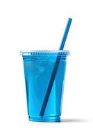 blauw drinken in een plastic kop geïsoleerd Aan een wit achtergrond. nemen weg drankjes concept. ai gegenereerd foto