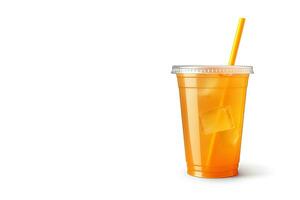 oranje kleur drinken in een plastic kop geïsoleerd Aan een wit achtergrond. nemen weg drankjes concept met kopiëren ruimte. ai gegenereerd foto