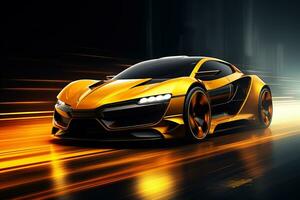 geel sport- auto behang met fantastisch licht effect achtergrond. ai gegenereerd foto