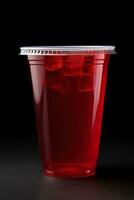 rood drinken in een plastic kop geïsoleerd Aan een zwart achtergrond. nemen weg drankjes concept. ai gegenereerd foto