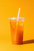 oranje kleur drinken in een plastic kop geïsoleerd Aan een oranje kleur achtergrond. nemen weg drankjes concept. ai gegenereerd foto