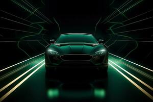 groen sport- auto behang met fantastisch licht effect achtergrond. ai gegenereerd foto