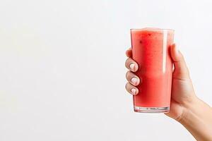 hand- houdt een glas van vers aardbei smoothie. zomer drinken milkshake en verfrissing biologisch concept met kopiëren ruimte. ai gegenereerd foto