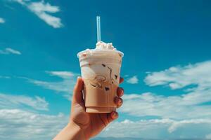 hand- Holding bevroren koffie in een plastic kop met een blauw lucht en wolk achtergrond. ai gegenereerd foto