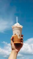 hand- Holding bevroren koffie in een plastic kop met een blauw lucht en wolk achtergrond. ai gegenereerd foto