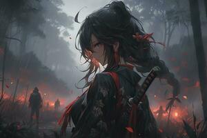 ai generatief samurai moordenaars meisje met helder ogen in anime stijl foto