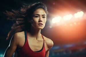 ai generatief vastbesloten Aziatisch vrouw atleet in actie Bij een sport- arena onder levendig stadion lichten foto