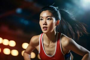 ai generatief vastbesloten Aziatisch vrouw atleet in actie Bij een sport- arena onder levendig stadion lichten foto