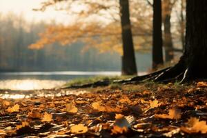 ai generatief van een sereen herfst landschap gouden bladeren Hoes de grond foto