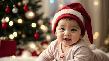 ai generatief portret van aanbiddelijk kind met de kerstman claus rood hoed, feestelijk achtergrond, banier met kopiëren ruimte tekst, kerstmis sjabloon foto