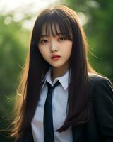 ai generatief mooi Aziatisch meisje vervelend zwart pak overhemd en stropdas foto