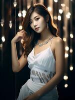 ai generatief mooi Aziatisch meisje vervelend aantrekkingskracht wit jurk foto