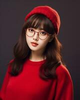 ai generatief mooi Aziatisch meisje vervelend rood trui bril en hoed foto