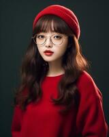 ai generatief mooi Aziatisch meisje vervelend rood trui bril en hoed foto
