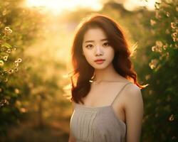 ai generatief mooi Aziatisch meisje tonen natuurlijk schoonheid foto