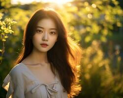 ai generatief mooi Aziatisch meisje tonen natuurlijk schoonheid foto