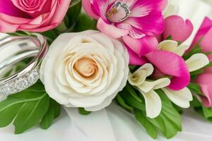 bloemen boeket en bruiloft banden. ai generatief pro foto