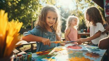 groep van kinderen schilderij buitenshuis Aan een zonnig dag foto