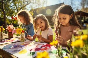 groep van kinderen schilderij buitenshuis Aan een zonnig dag foto