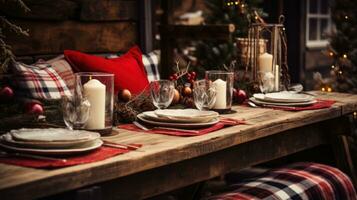 rustiek houten tafel instelling met feestelijk accenten foto