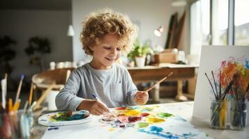 jongen schilderij een regenboog Aan een canvas foto