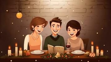 foto van gelukkig familie Bij Kerstmis avondeten in de stijl van minimalistische achtergronden