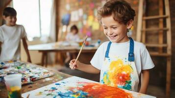 jongen schilderij een regenboog Aan een canvas foto