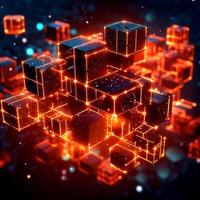ai generatief abstract wereld blockchain technologie cryptogeld en FinTech plein kubussen met rood gloeiend randen foto