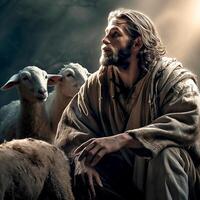 ai generatief Jezus Christus is de mooi zo herder wie gevoed de onschuldig schapen in een donker thema foto