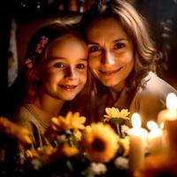 ai generatief liefhebbend moeder en haar dochter naast de kaarslicht foto