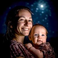 ai generatief een jong moeder en haar schattig weinig baby onder de blauw nacht lichten foto